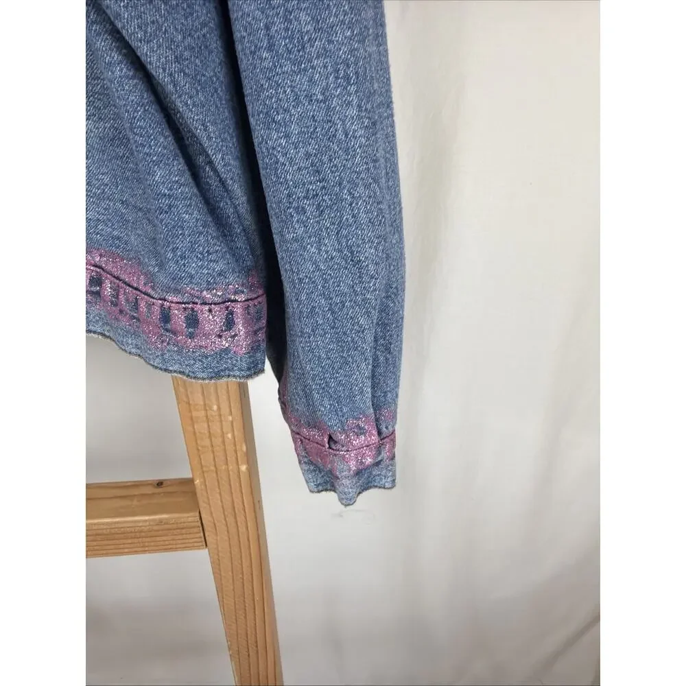 Anti Blue Pink Glitter Details Pockets Button Up Denim Jacket #1280 Size 2X